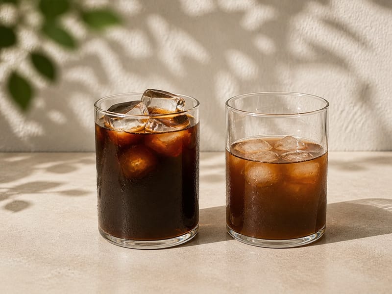 Two iced coffee glasses with different amounts and sizes of ice, showing how ice affects dilution.