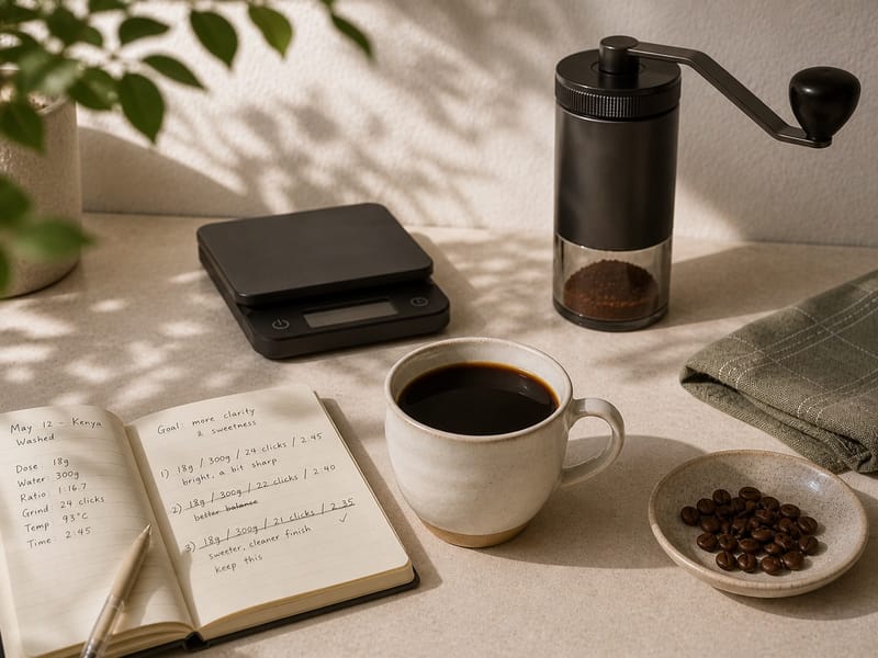 A coffee scale, grinder and handwritten brew notes beside a freshly brewed cup.