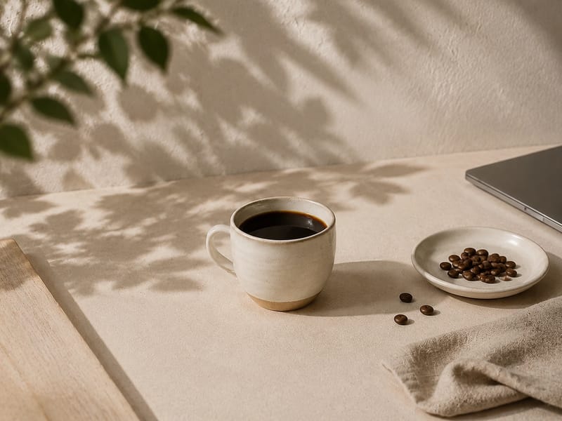 A ceramic cup of black coffee beside a small dish of coffee beans in warm morning light.