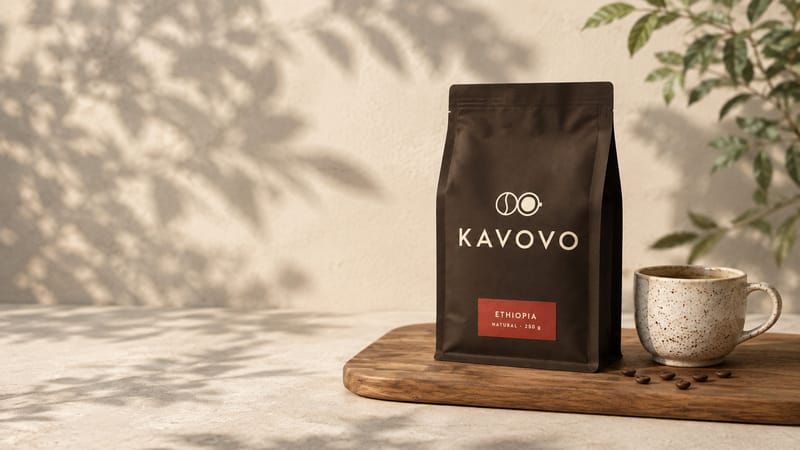 KAVOVO Ethiopia coffee bag on a wooden board beside a ceramic cup